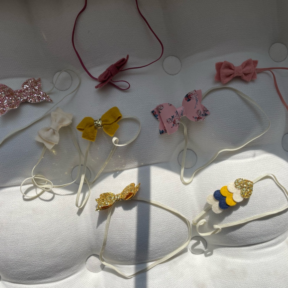 Baby Elastic Bow Headbands Set - Pink, Yellow, Gold, (8 in total), Handmade